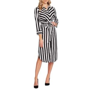 VINCE‎ CAMUTO Striped Tie Front Dress Black White Stripe Shirt 3/4 size Medium